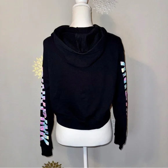 Victoria’s Secret Pink Brand Black Crop Hoodie Sweatshirt Women’s Chic Y2K‎ 90’s - Picture 2 of 9